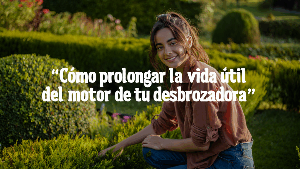 Mujer joven sonriendo mientras cuida arbustos en un jardín, con texto sobre cómo prolongar la vida útil del motor de una desbrozadora.