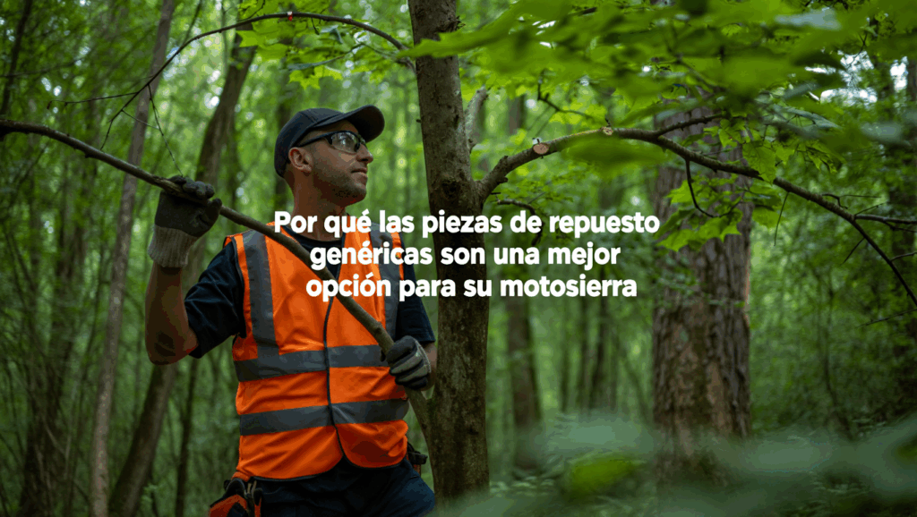 Trabajador forestal con chaleco naranja en el bosque, sosteniendo una rama, con texto sobre piezas genéricas para motosierra.