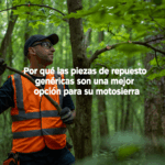 Trabajador forestal con chaleco naranja en el bosque, sosteniendo una rama, con texto sobre piezas genéricas para motosierra.