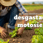 Campesino revisando cultivos con texto sobre guía para cambiar piezas desgastadas de motosierra.