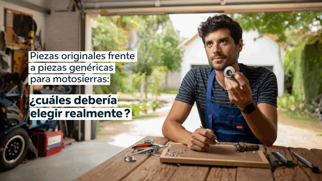 Hombre en taller sosteniendo una pieza mecánica con herramientas sobre la mesa, junto a texto sobre elegir entre piezas originales y genéricas para motosierras.