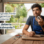 Hombre en taller sosteniendo una pieza mecánica con herramientas sobre la mesa, junto a texto sobre elegir entre piezas originales y genéricas para motosierras.