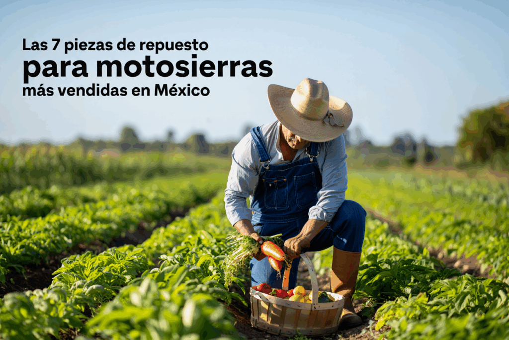Campesino cosechando verduras con texto sobre piezas de motosierra más vendidas.