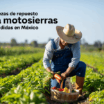 Campesino cosechando verduras con texto sobre piezas de motosierra más vendidas.