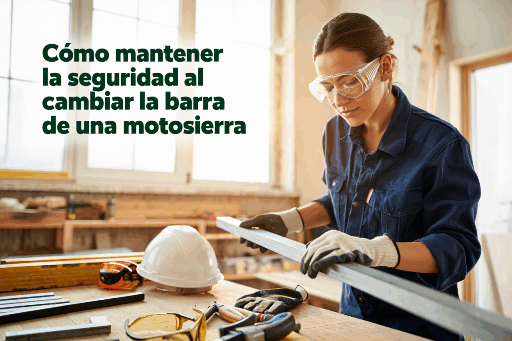 Mujer con gafas de seguridad inspecciona barra de motosierra en taller.