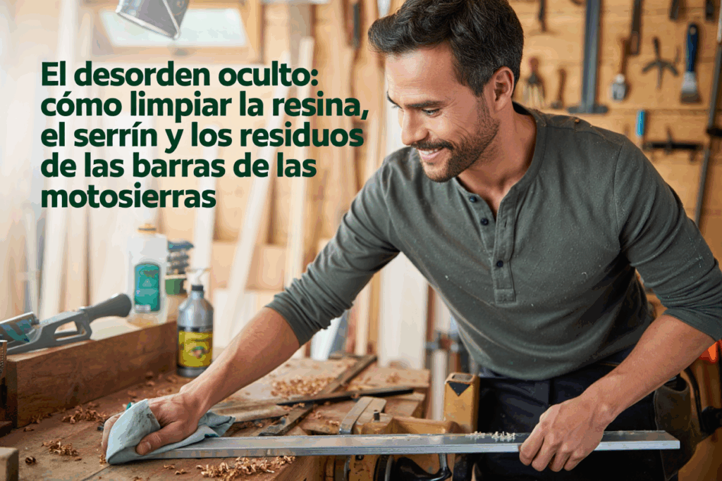 Hombre limpiando la barra de una motosierra con trapo en taller de carpintería.