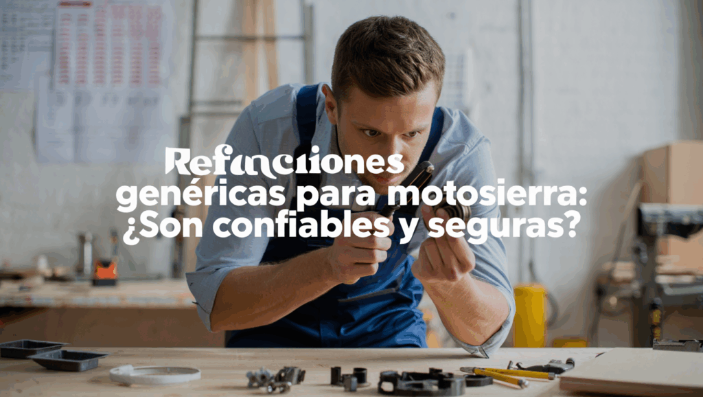 Técnico evaluando refacción genérica para motosierra sobre mesa de trabajo.