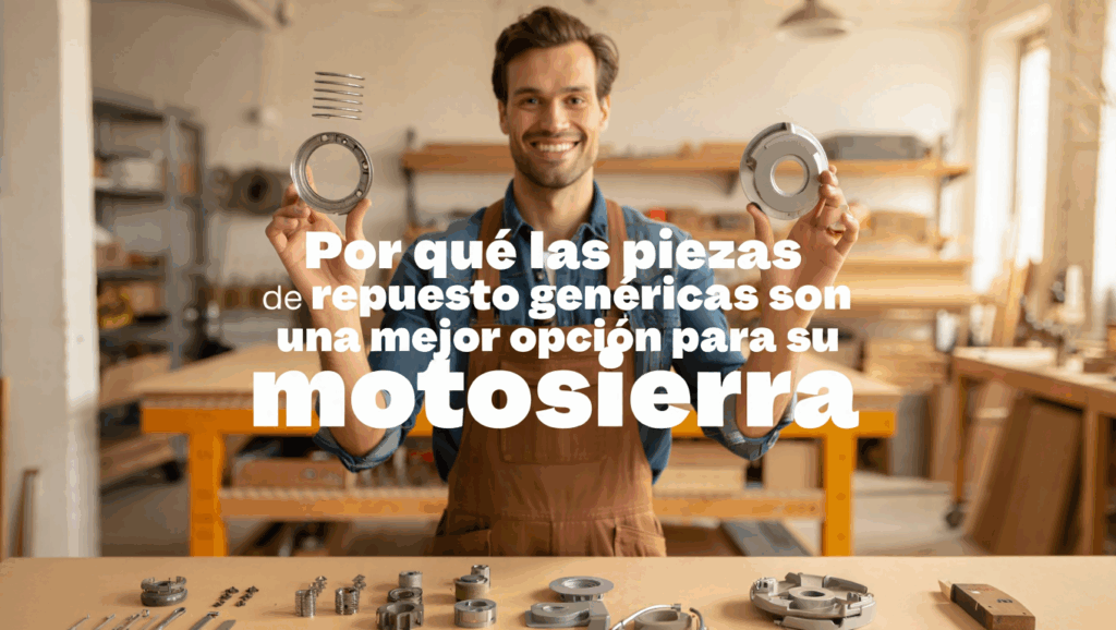 Hombre en taller mostrando piezas genéricas de repuesto para motosierra con una sonrisa.