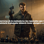 Hombre sosteniendo pieza mecánica en taller industrial con repuestos de motosierra sobre la mesa, iluminado por luz natural.