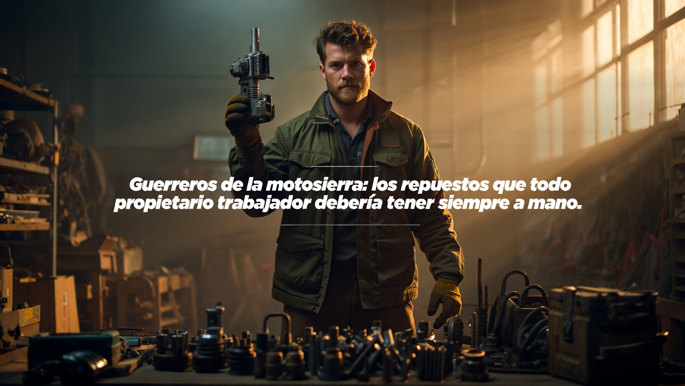 Hombre sosteniendo pieza mecánica en taller industrial con repuestos de motosierra sobre la mesa, iluminado por luz natural.