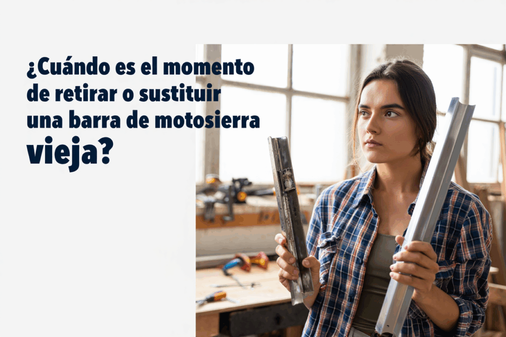 Mujer comparando una barra de motosierra vieja con una nueva en un taller.
