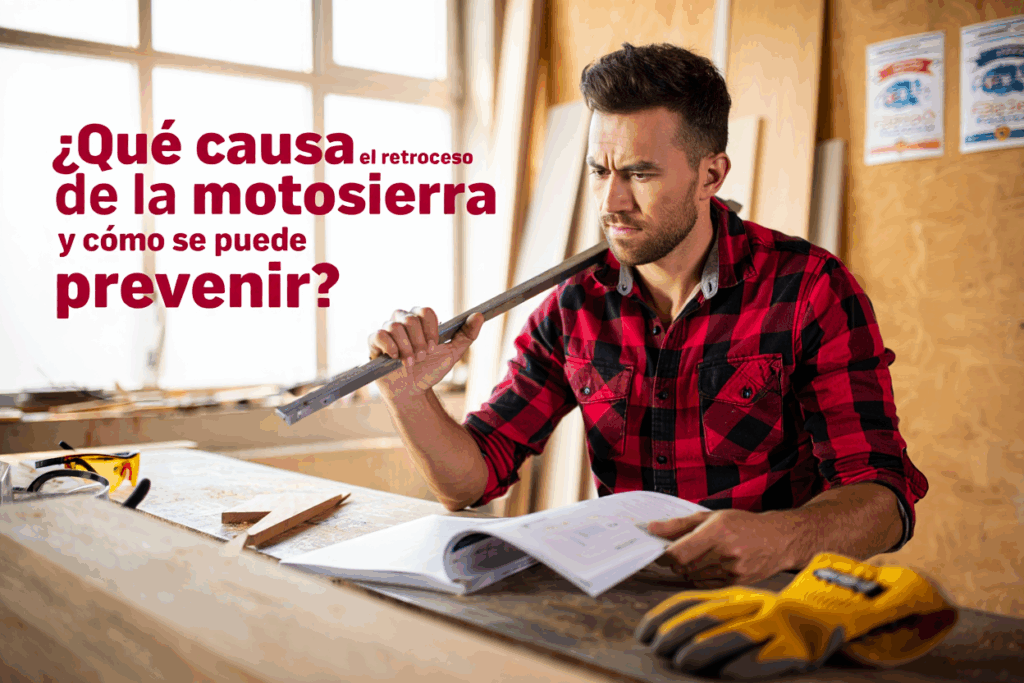 Hombre en taller leyendo sobre el retroceso de la motosierra.