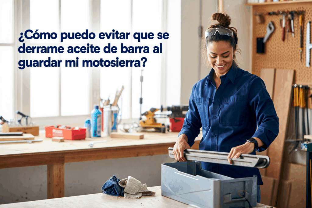 Mujer guardando una barra de motosierra en un taller organizado.