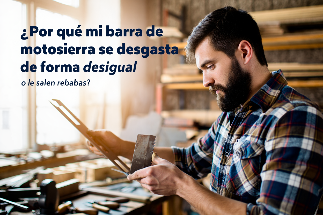 Hombre revisando la barra de una motosierra en su taller.