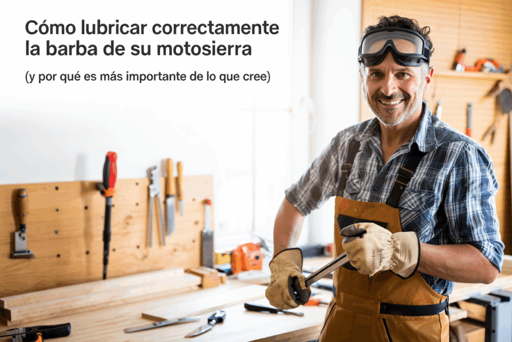 Hombre en taller con barra de motosierra en mano.