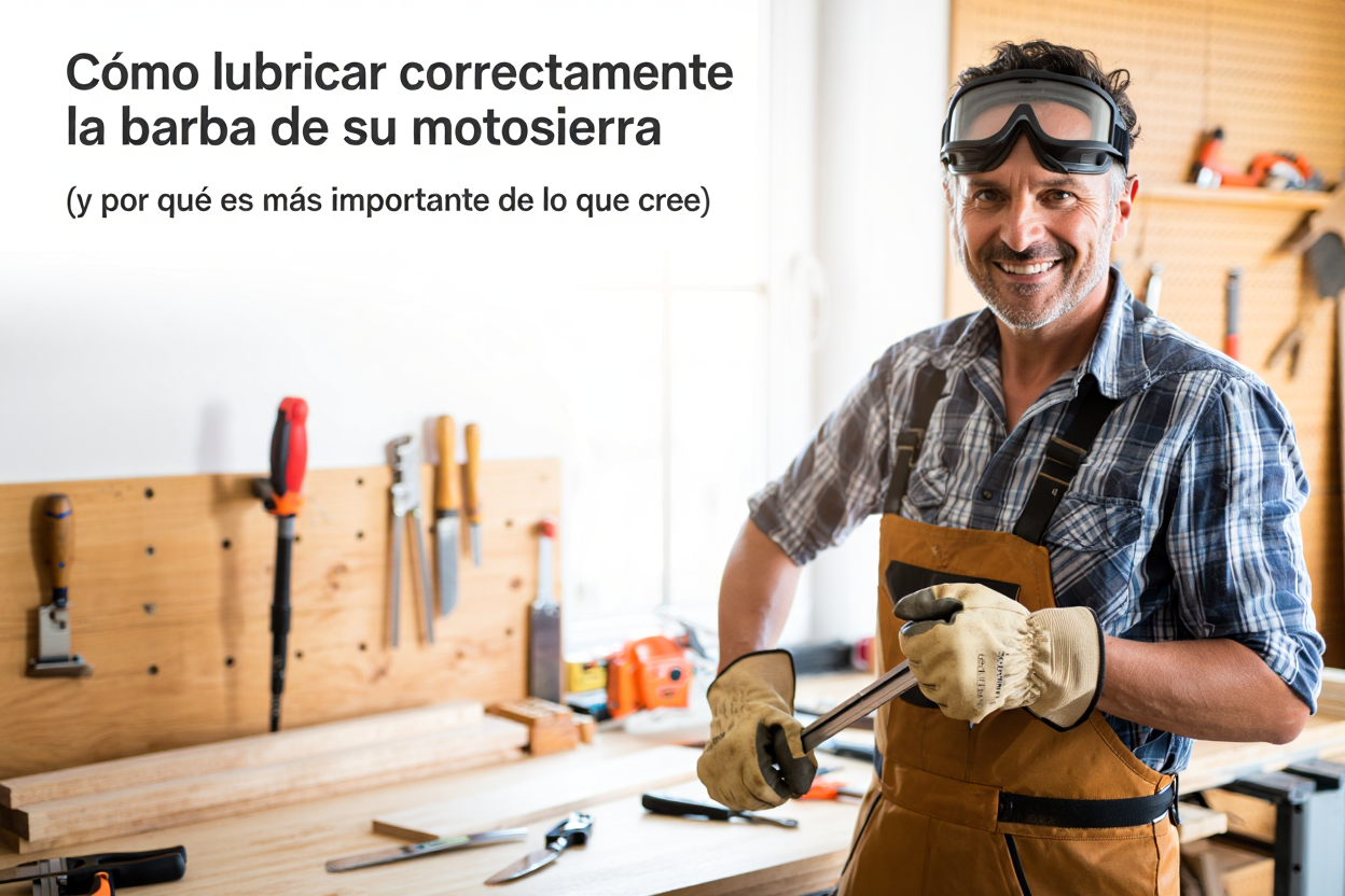 Hombre en taller con barra de motosierra en mano.