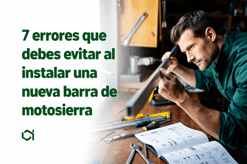 Hombre instalando una nueva barra de motosierra sobre una mesa de trabajo con herramientas y manual abierto.