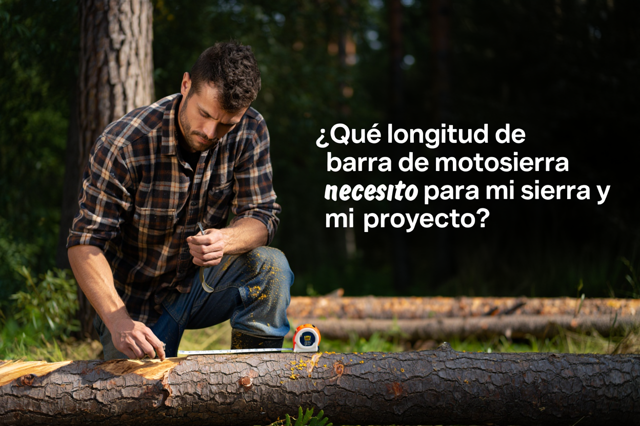Hombre midiendo un tronco en el bosque con una cinta métrica, vestido con camisa de cuadros, acompañado del texto: "¿Qué longitud de barra de motosierra necesito para mi sierra y mi proyecto?"